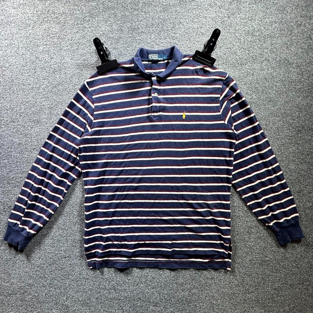 Vintage Polo Ralph Lauren Shirt Men's Large Blue Striped Knit Cotton Pony Logo